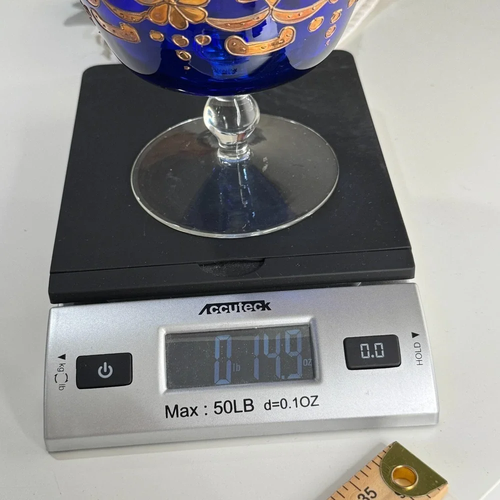 VTG Cobalt Blue Glass Compote Bowl Enamel Gold Gilt Pedestal Dish Candy Bohemian